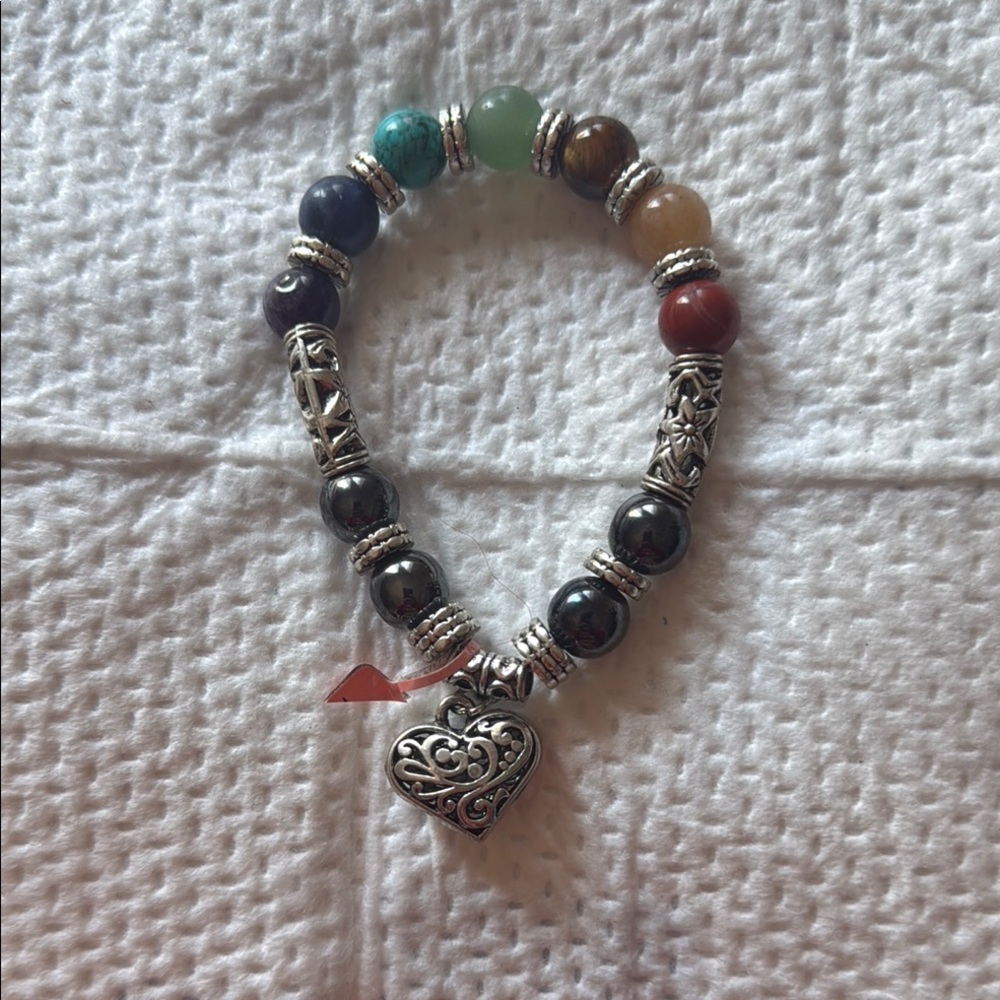 Elegant Red and Green Beaded Bracelet with Silver Charm